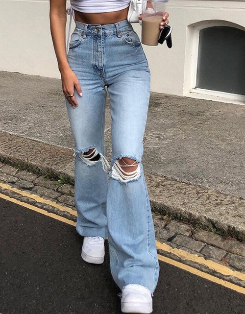Load image into Gallery viewer, Women Vintage Ripped Flare Bell Bottom Jeans High Waisted Wide Leg Raw Hem Denim Pants Casual Slim Fitting Trousers with Pocket
