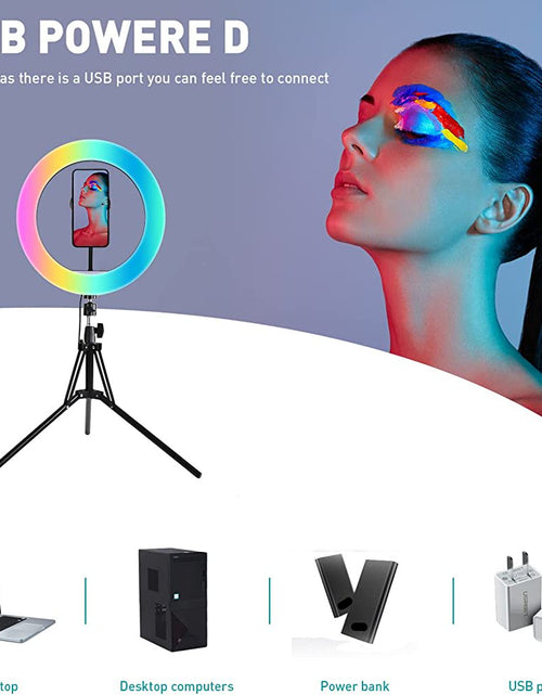 Load image into Gallery viewer, 13&quot; LED RGB Selfie Ring Light W/ Mini &amp; Extendable Tripod Stand &amp; Phone Holder 10 Brightness Level 26 Light Modes Dimmable Ringlight for Beauty Makeup Live Streaming Youtube Video Photography Shooting
