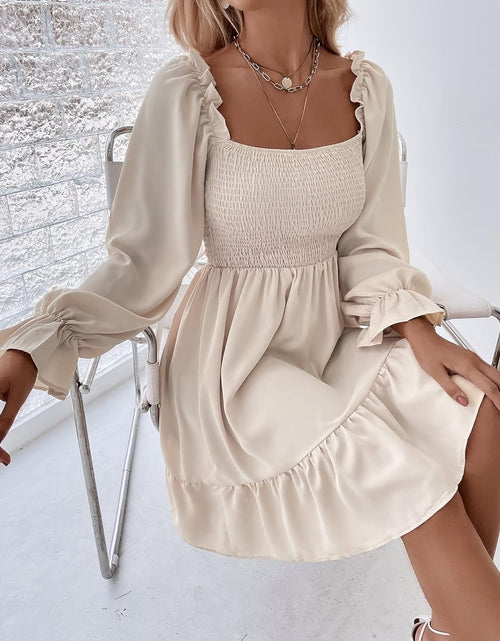 Load image into Gallery viewer, Women&#39;S Shirred Ruffle Long Flounce Sleeve Mini a Line Dress Square Neck High Waist Short Dresses

