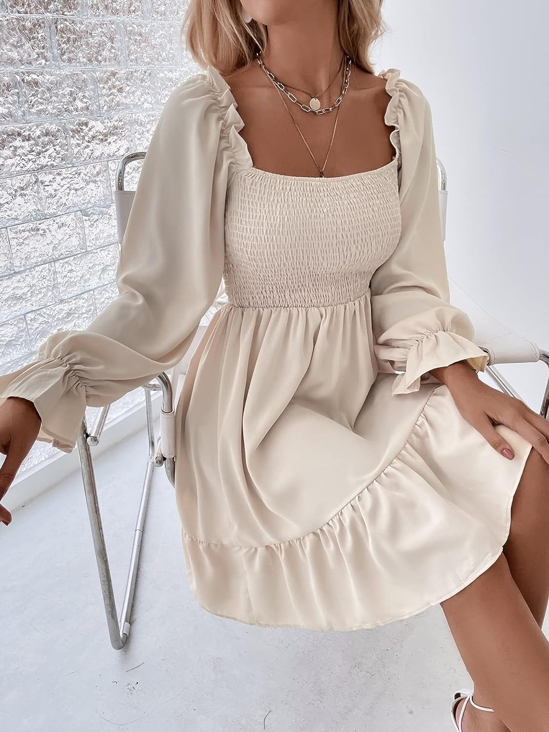 Women'S Shirred Ruffle Long Flounce Sleeve Mini a Line Dress Square Neck High Waist Short Dresses